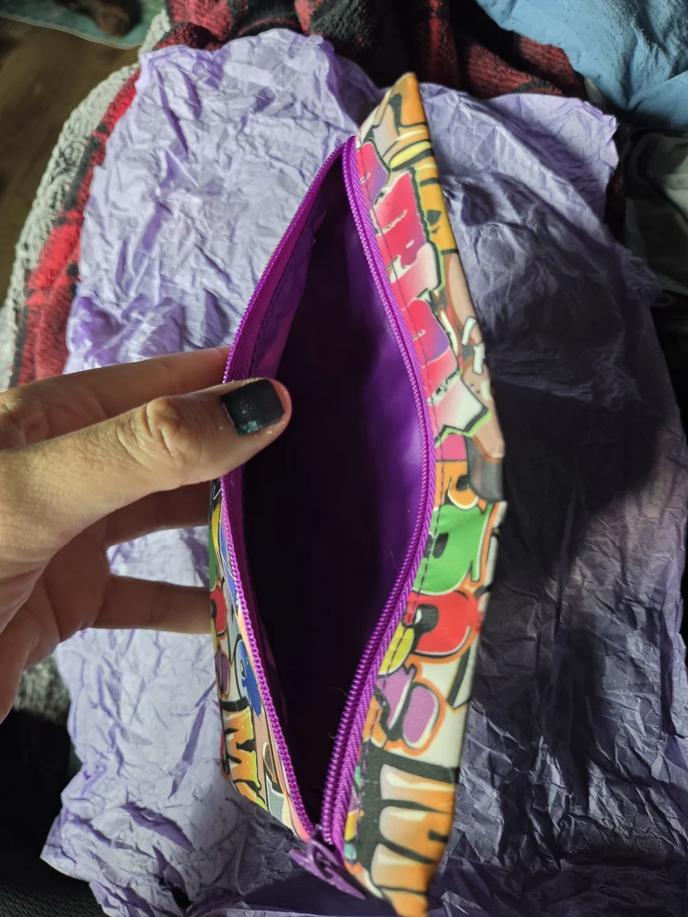 ipsy Multicolor Graffiti Print Makeup Bag with Purple Zipper